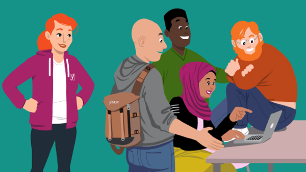 Illustration of a few people happily talking around a laptop